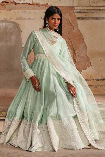 Shop_Charu Makkar_Green Silk, Organza Khadija Placement Embroidered Anarkali Set _Online_at_Aza_Fashions