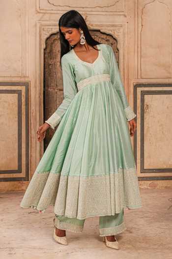 Charu Makkar_Green Silk, Organza Khadija Placement Embroidered Anarkali Set _at_Aza_Fashions