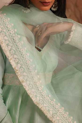 Buy_Charu Makkar_Green Silk, Organza Khadija Placement Embroidered Anarkali Set 