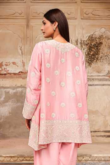 Shop_Charu Makkar_Pink Silk Round Neck Yuri Embroidered Kurta And Salwar Set _Online_at_Aza_Fashions
