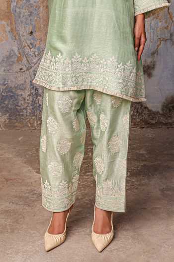 Buy_Charu Makkar_Green Silk Round Neck Faiza Dori Embroidered Kurta And Salwar Set _Online_at_Aza_Fashions