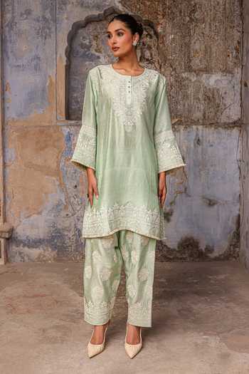 Shop_Charu Makkar_Green Silk Round Neck Faiza Dori Embroidered Kurta And Salwar Set _Online_at_Aza_Fashions