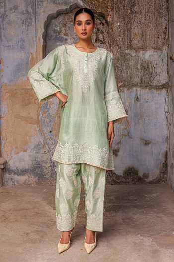 Charu Makkar_Green Silk Round Neck Faiza Dori Embroidered Kurta And Salwar Set _at_Aza_Fashions