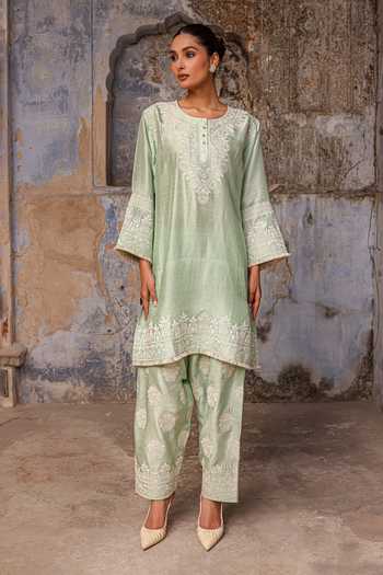 Buy_Charu Makkar_Green Silk Round Neck Faiza Dori Embroidered Kurta And Salwar Set 