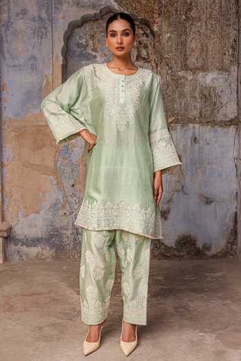 Shop_Charu Makkar_Green Silk Round Neck Faiza Dori Embroidered Kurta And Salwar Set 
