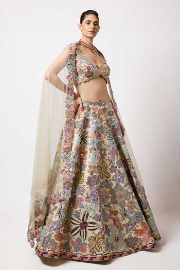 Aisha Rao_Ivory Satin, Tulle Sweetheart Neck Cyanora Embellished And Printed Lehenga Set _Online_at_Aza_Fashions