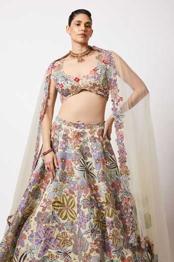 Buy_Aisha Rao_Ivory Satin, Tulle Sweetheart Neck Cyanora Embellished And Printed Lehenga Set _Online_at_Aza_Fashions