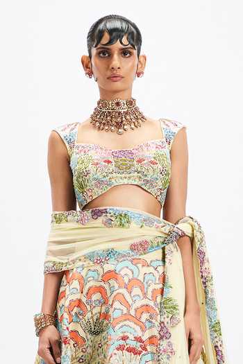 Buy_Aisha Rao_Ivory Satin, Tulle Square Neck Belleau Printed And Embellished Lehenga Set _Online_at_Aza_Fashions
