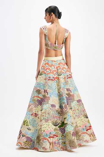 Aisha Rao_Ivory Satin, Tulle Square Neck Belleau Printed And Embellished Lehenga Set _Online_at_Aza_Fashions