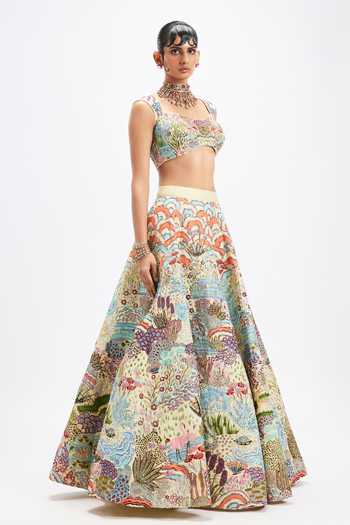 Shop_Aisha Rao_Ivory Satin, Tulle Square Neck Belleau Printed And Embellished Lehenga Set _Online_at_Aza_Fashions