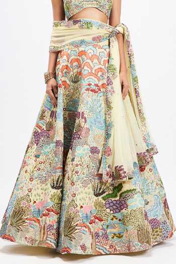 Aisha Rao_Ivory Satin, Tulle Square Neck Belleau Printed And Embellished Lehenga Set _at_Aza_Fashions