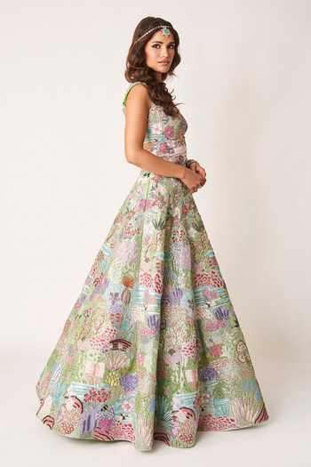 Buy_Aisha Rao_Green Tissue, Tulle Sweetheart Neck Belladone Applique Lehenga Set _Online_at_Aza_Fashions