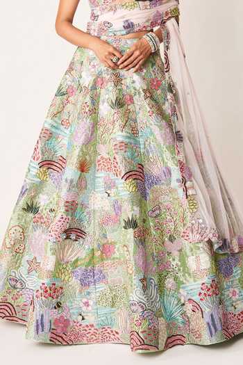 Aisha Rao_Green Tissue, Tulle Sweetheart Neck Belladone Applique Lehenga Set _at_Aza_Fashions
