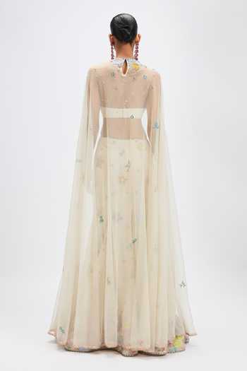 Aisha Rao_Ivory Georgette, Tulle Round Neck Ivorelle Mermaid Lehenga With Blouse _Online_at_Aza_Fashions