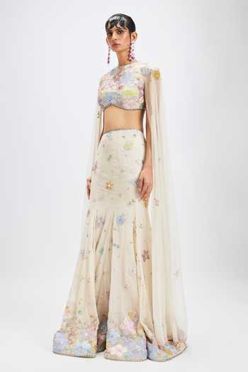 Buy_Aisha Rao_Ivory Georgette, Tulle Round Neck Ivorelle Mermaid Lehenga With Blouse _Online_at_Aza_Fashions