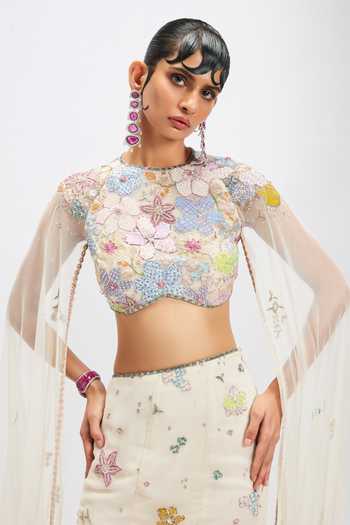Aisha Rao_Ivory Georgette, Tulle Round Neck Ivorelle Mermaid Lehenga With Blouse _at_Aza_Fashions