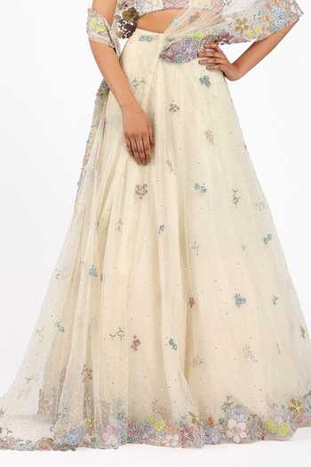 Aisha Rao_Ivory Silk, Tulle Square Neck Azalee Saree Lehenga Set _Online_at_Aza_Fashions
