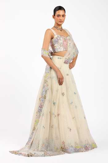 Buy_Aisha Rao_Ivory Silk, Tulle Square Neck Azalee Saree Lehenga Set _Online_at_Aza_Fashions