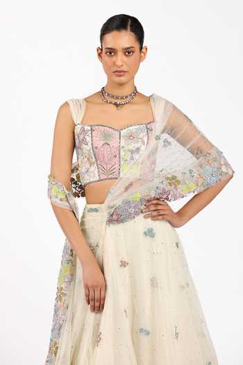 Shop_Aisha Rao_Ivory Silk, Tulle Square Neck Azalee Saree Lehenga Set _Online_at_Aza_Fashions