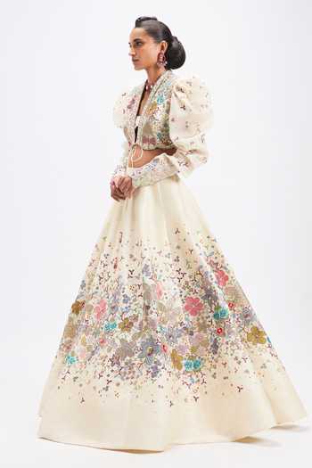 Aisha Rao_Ivory Silk, Organza Open , Bandeau Tenebra Shell Raw Lehenga Set _Online_at_Aza_Fashions