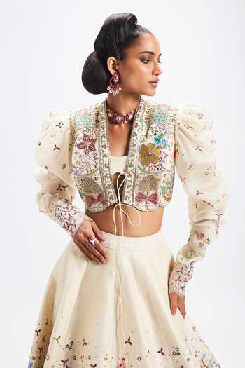Buy_Aisha Rao_Ivory Silk, Organza Open , Bandeau Tenebra Shell Raw Lehenga Set _Online_at_Aza_Fashions