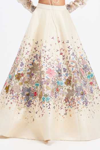 Shop_Aisha Rao_Ivory Silk, Organza Open , Bandeau Tenebra Shell Raw Lehenga Set _Online_at_Aza_Fashions