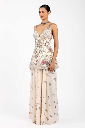 Aisha Rao_Ivory Satin, Chiffon, Silk V-neck Silene Skirt Set _Online_at_Aza_Fashions