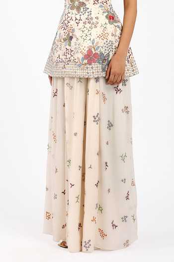 Buy_Aisha Rao_Ivory Satin, Chiffon, Silk V-neck Silene Skirt Set _Online_at_Aza_Fashions