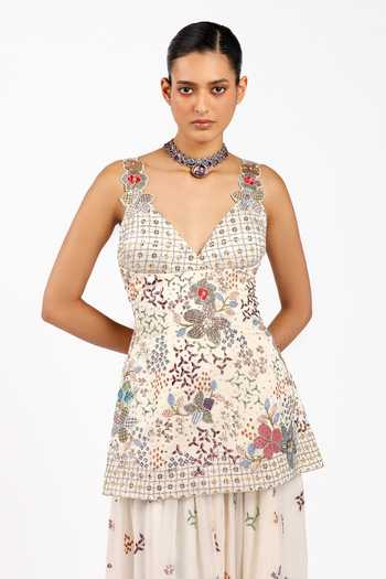 Shop_Aisha Rao_Ivory Satin, Chiffon, Silk V-neck Silene Skirt Set _Online_at_Aza_Fashions