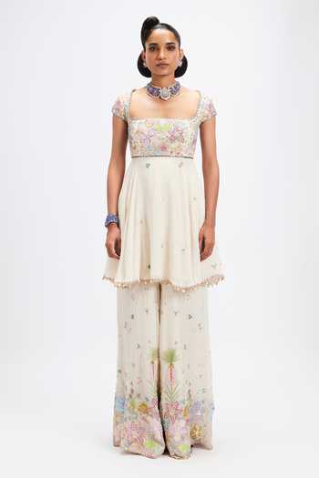 Aisha Rao_Ivory Georgette Square Neck Bleuciel Kurta Sharara Set _Online_at_Aza_Fashions