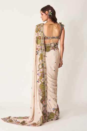 Aisha Rao_Ivory Organza, Crepe Square Neck Shinora Embroidered Saree With Blouse _Online_at_Aza_Fashions