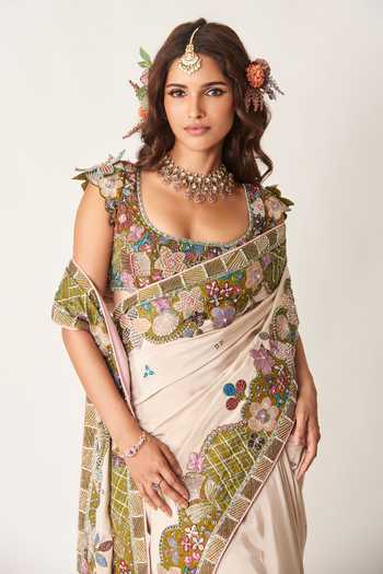 Buy_Aisha Rao_Ivory Organza, Crepe Square Neck Shinora Embroidered Saree With Blouse _Online_at_Aza_Fashions