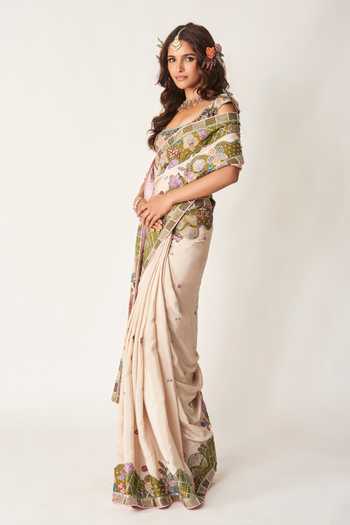 Shop_Aisha Rao_Ivory Organza, Crepe Square Neck Shinora Embroidered Saree With Blouse _Online_at_Aza_Fashions