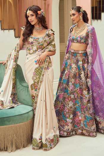 Aisha Rao_Ivory Organza, Crepe Square Neck Shinora Embroidered Saree With Blouse _at_Aza_Fashions