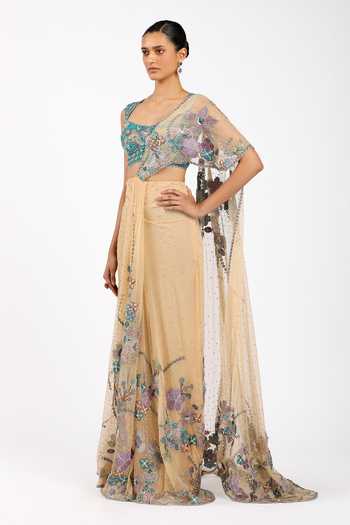 Aisha Rao_Beige Tulle Sweetheart Neck Stella Bisque Pre-draped Saree Set _Online_at_Aza_Fashions
