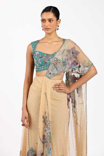 Buy_Aisha Rao_Beige Tulle Sweetheart Neck Stella Bisque Pre-draped Saree Set _Online_at_Aza_Fashions