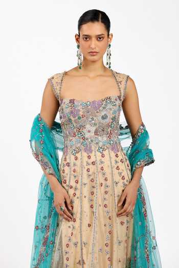Buy_Aisha Rao_Beige Satin, Tulle, Silk Square Neck Deliane Bisque Anarkali Set _Online_at_Aza_Fashions