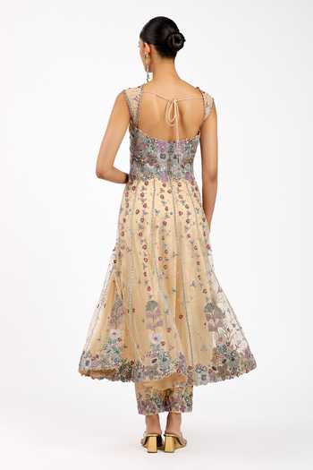 Aisha Rao_Beige Satin, Tulle, Silk Square Neck Deliane Bisque Anarkali Set _Online_at_Aza_Fashions