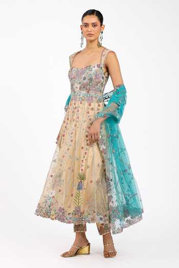 Shop_Aisha Rao_Beige Satin, Tulle, Silk Square Neck Deliane Bisque Anarkali Set _Online_at_Aza_Fashions