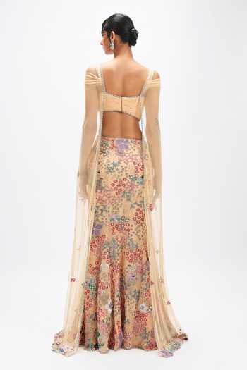 Aisha Rao_Beige Tulle Sweetheart Neck Dunefleur Mermaid Lehenga Set _Online_at_Aza_Fashions