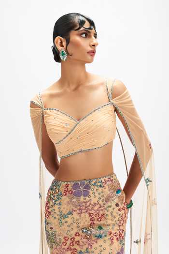 Shop_Aisha Rao_Beige Tulle Sweetheart Neck Dunefleur Mermaid Lehenga Set _Online_at_Aza_Fashions
