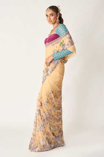 Aisha Rao_Beige Crepe, Tulle Sweetheart Neck Celia Bisque Saree With Blouse _Online_at_Aza_Fashions