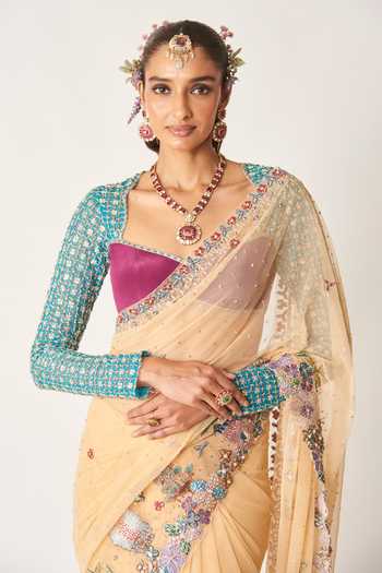 Buy_Aisha Rao_Beige Crepe, Tulle Sweetheart Neck Celia Bisque Saree With Blouse _Online_at_Aza_Fashions