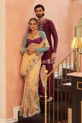 Shop_Aisha Rao_Beige Crepe, Tulle Sweetheart Neck Celia Bisque Saree With Blouse _Online_at_Aza_Fashions