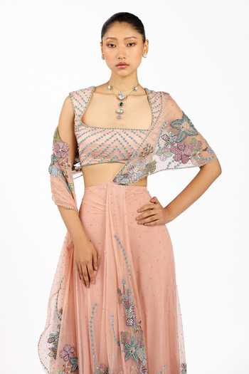 Buy_Aisha Rao_Peach Satin, Tulle, Silk Square Neck Percilia Pre-draped Saree With Blouse _Online_at_Aza_Fashions