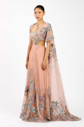 Shop_Aisha Rao_Peach Satin, Tulle, Silk Square Neck Percilia Pre-draped Saree With Blouse _Online_at_Aza_Fashions