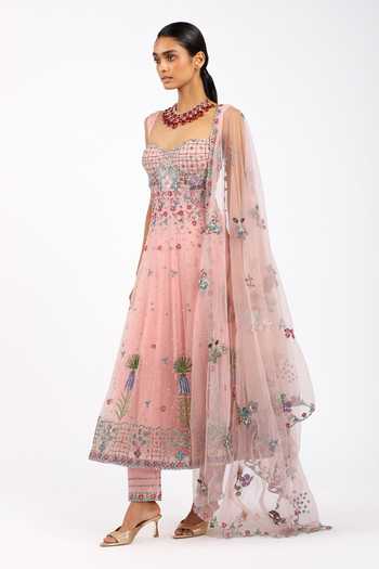 Buy_Aisha Rao_Pink Tulle, Chanderi Silk Sweetheart Neck Peonisse Baby Anarkali Set _Online_at_Aza_Fashions