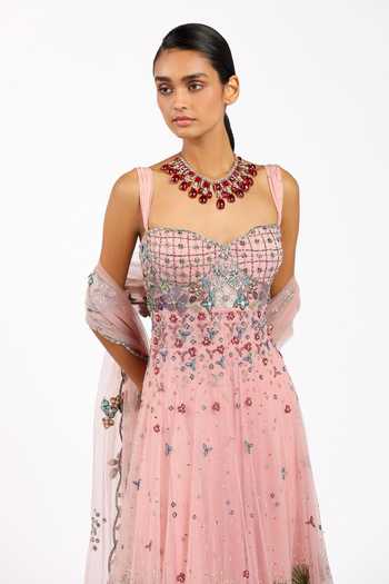 Shop_Aisha Rao_Pink Tulle, Chanderi Silk Sweetheart Neck Peonisse Baby Anarkali Set _Online_at_Aza_Fashions