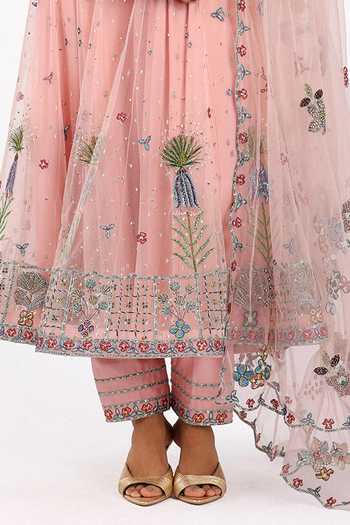 Aisha Rao_Pink Tulle, Chanderi Silk Sweetheart Neck Peonisse Baby Anarkali Set _at_Aza_Fashions