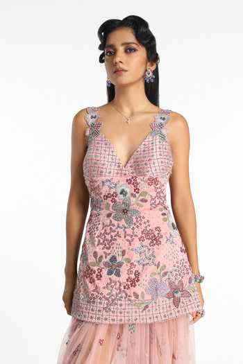 Aisha Rao_Pink Satin, Tulle, Silk V-neck Silene Baby Tunic And Sheer Skirt Set _Online_at_Aza_Fashions